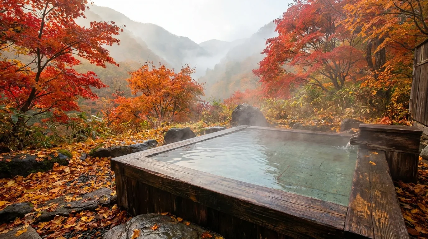 An outdoor bath surrounded by red autumn maples in a mountain valley