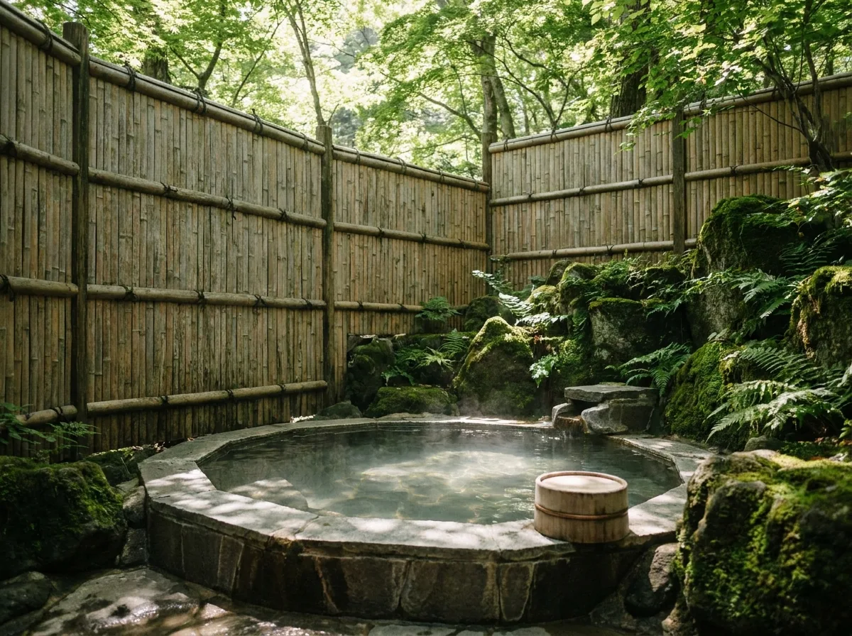 A stone bath behind a bamboo fence with moss and ferns