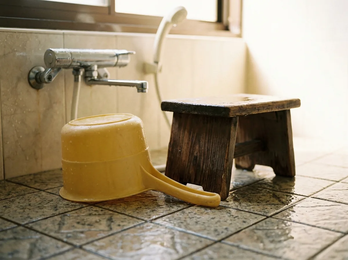A bath bowl and a small wooden stool beside a low shower tap