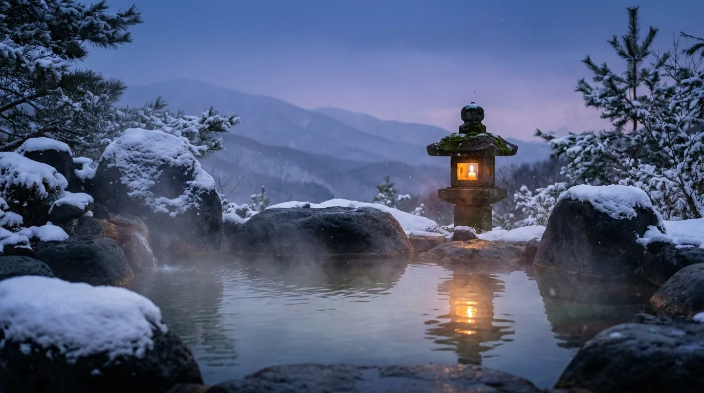 Steam rising from an empty outdoor rock bath in the snow at dusk, lit by a stone lantern