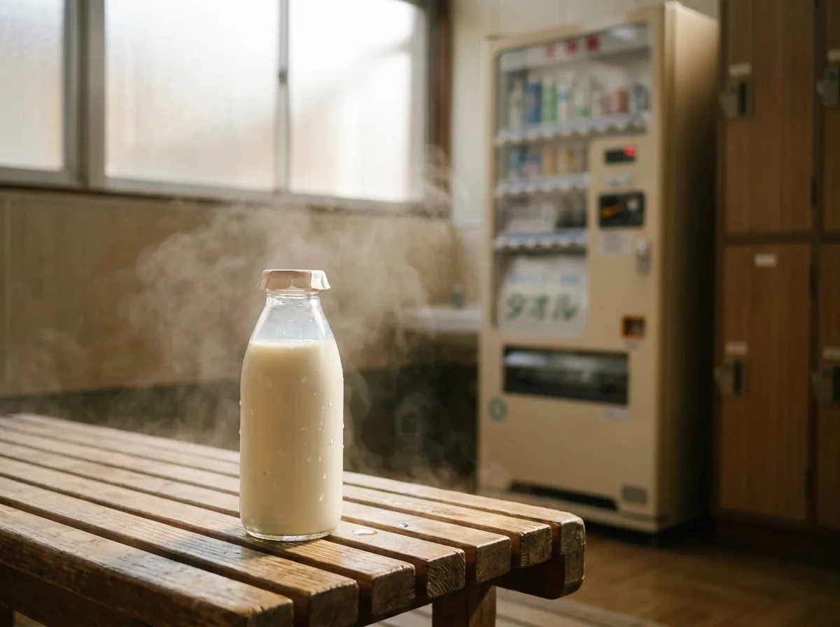 A cold bottle of milk on a bench in a bathhouse changing room