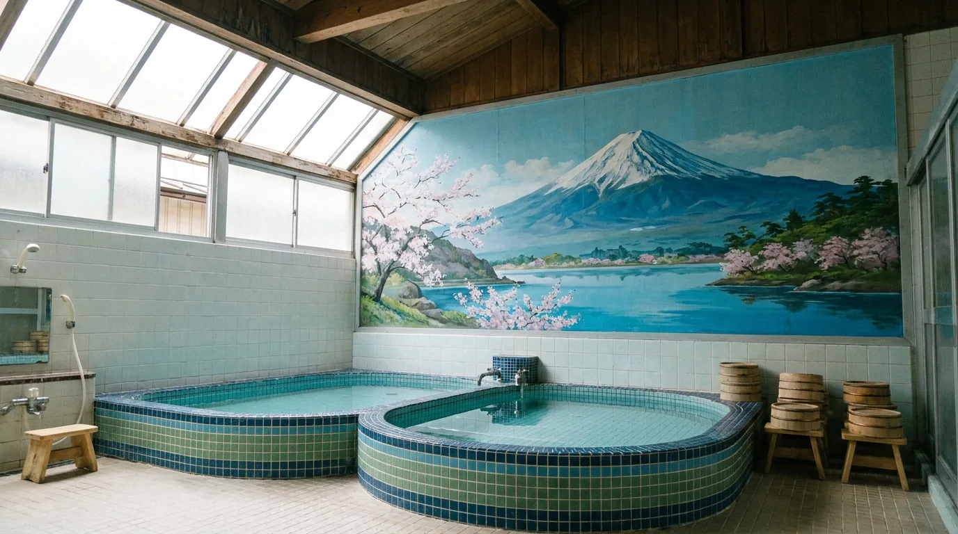 Inside a traditional bathhouse with a Mount Fuji mural above the baths