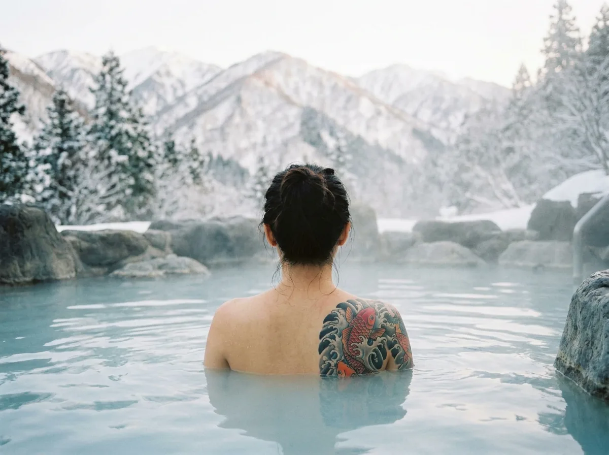 A bather with a koi tattoo on her shoulder looking at snowy mountains