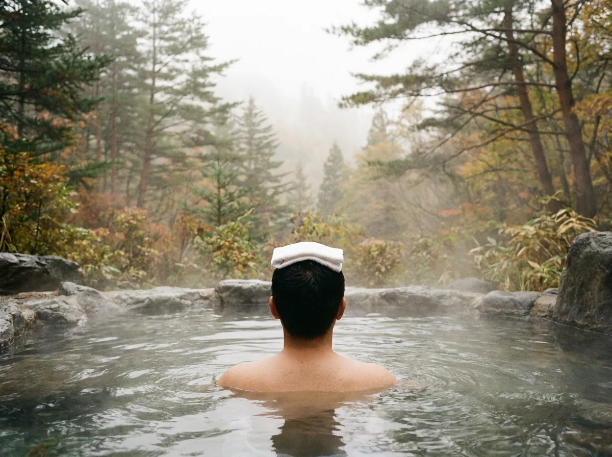 A bather with a folded towel on his head in a steaming outdoor bath