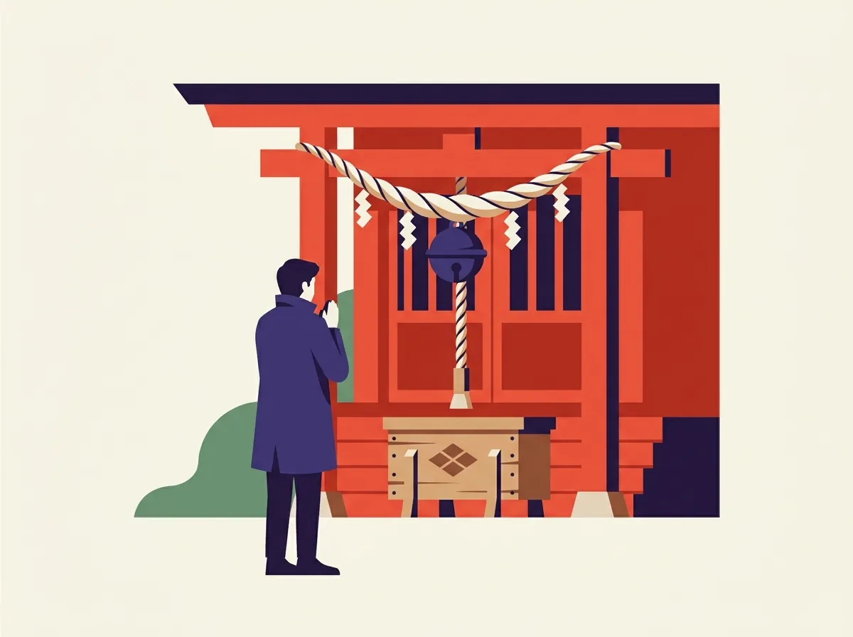 A visitor praying in front of a shrine hall with a bell rope and offering box