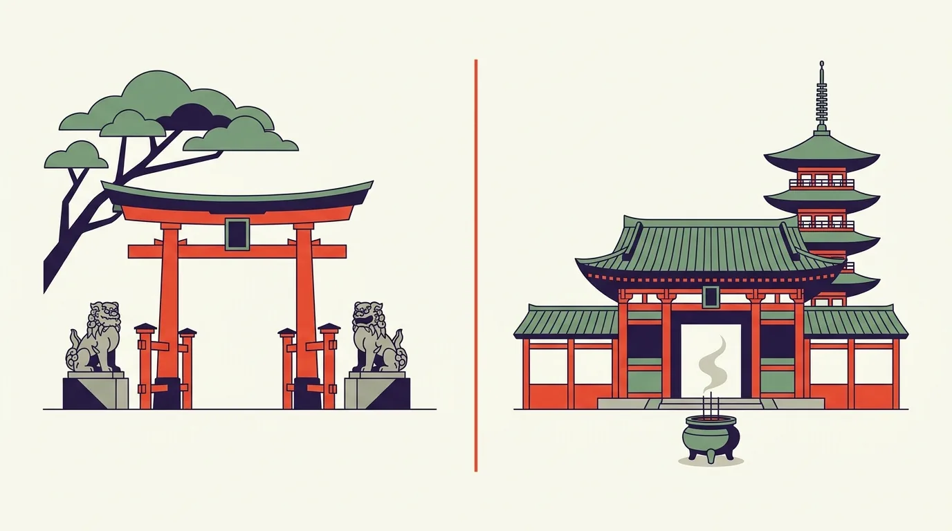 A Shinto torii gate with guardian lion-dogs beside a Buddhist temple gate with a pagoda