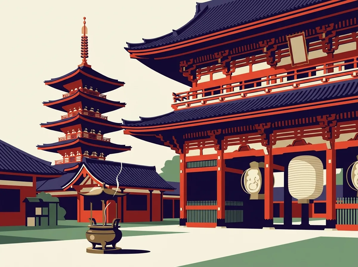 A Buddhist temple gate and pagoda with an incense burner in the courtyard
