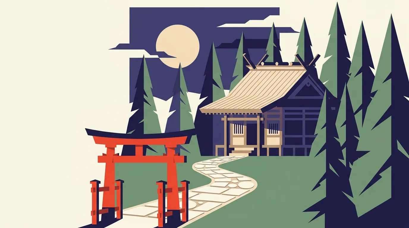 A vermilion torii gate at the entrance of a Shinto shrine among cedar trees